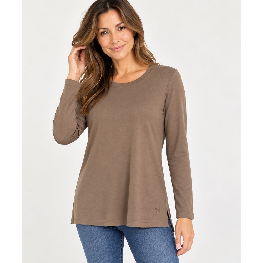 Isaac Mizrahi Live Essentials Women's Pima Cotton Top M Taupe Brown Long Sleeve